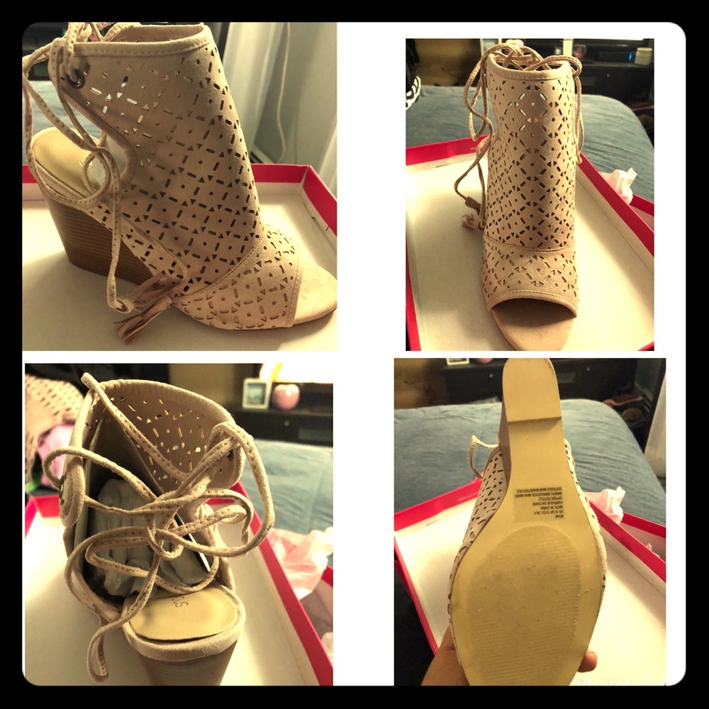 Peep toe/open heel lace up lattice wedges